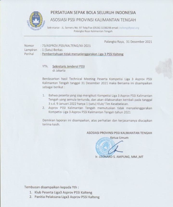 Surat pemberitahuan tidak menyelenggarakan Liga 3 PSSI Kalteng. (KABAR KALIMANTAN 1/ph/tva)