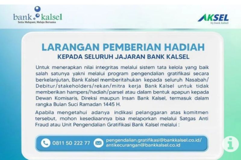 Bank Kalsel Siapkan Satgas Anti-Fraud Guna Cegah Gratifikasi Lebaran